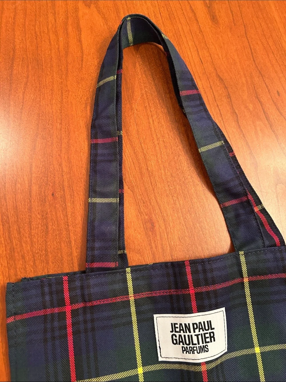 Jean Paul Gaultier Green/Navy Tartan Plaid Tote with Red and Yellow stripes